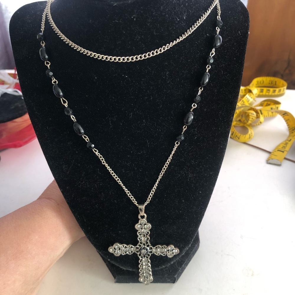 Silver Cross Pendant Necklace with Black Beads
